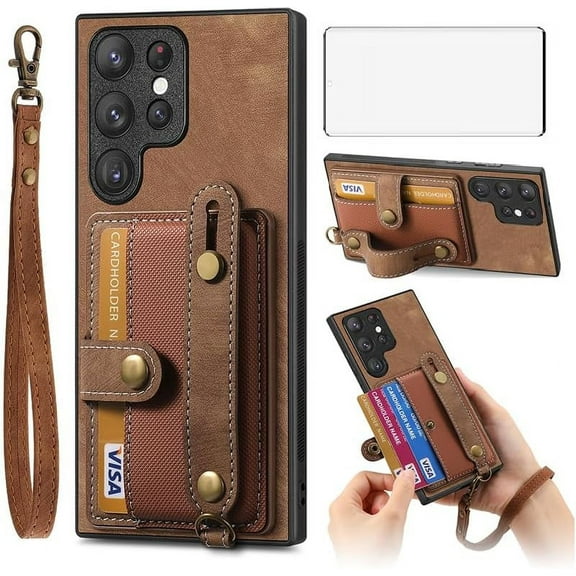 Phone Case for Samsung Galaxy S22 Ultra 5G Wallet Cover with Tempered Glass Screen Protector Slim Stand Credit Card Holder Slot Leather Cell S22ultra 22S S 22 S22ultra5g 6.8 Women Men Brown