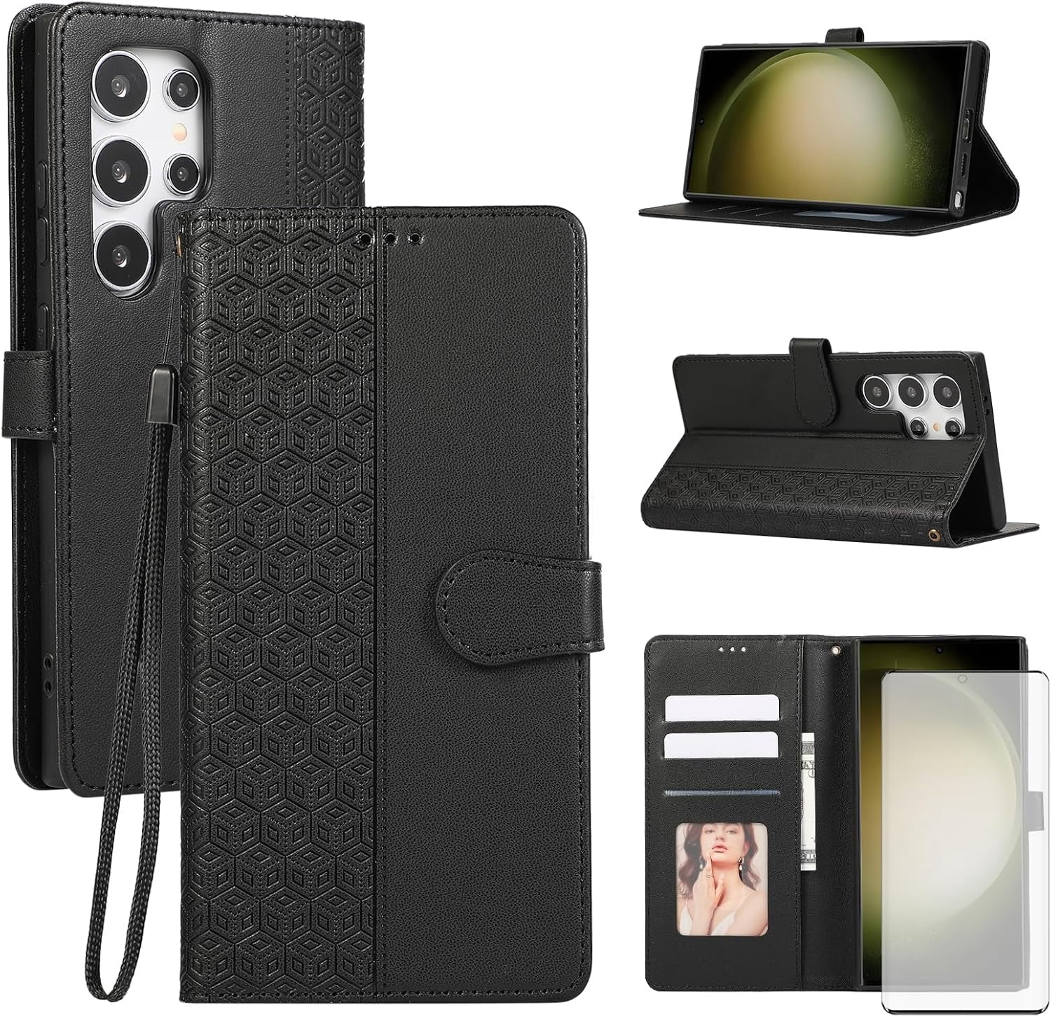 Phone Case for Samsung Galaxy S22 Ultra 5G Wallet Cover with Tempered Glass Screen Protector and Wrist Strap Flip Credit Card Holder Stand Cell S22ultra 22S S 22 S22ultra5g 6.8 Women Black