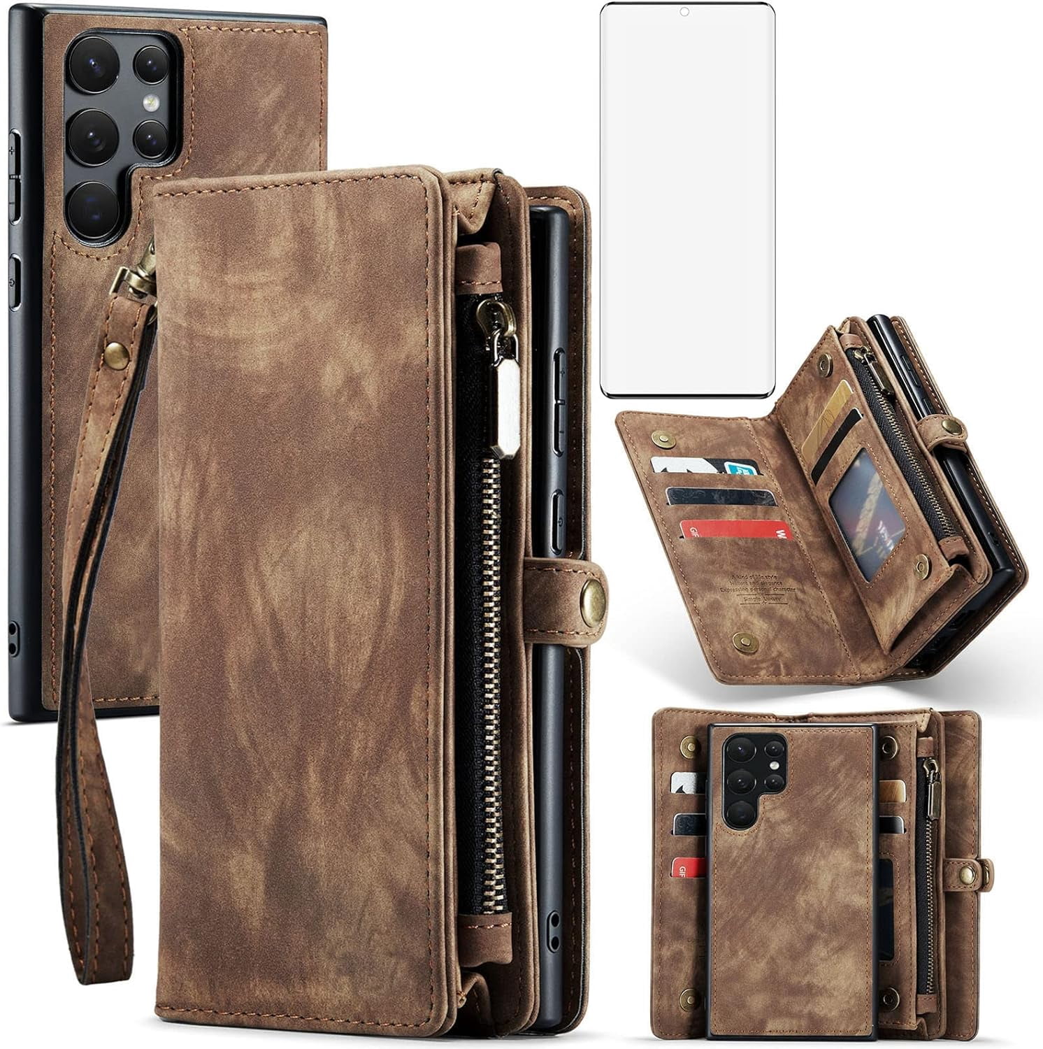 Phone Case for Samsung Galaxy S22 Ultra 5G Zipper Wallet Cover with Tempered Glass Screen Protector and Flip Card Holder Cell Accessories Gaxaly S22ultra 22S S 22 22ultra G5 Women Men Brown