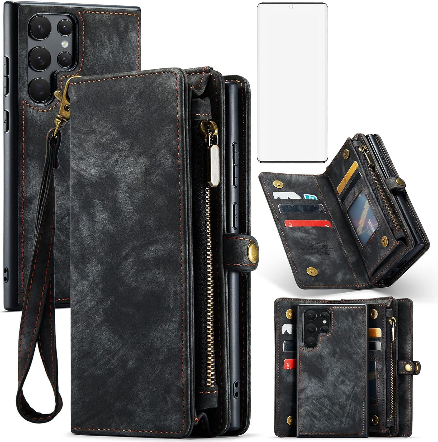 Phone Case for Samsung Galaxy S22 Ultra 5G Zipper Wallet Cover with Tempered Glass Screen Protector and Flip Card Holder Cell Accessories Gaxaly S22ultra 22S S 22 22ultra G5 Women Men Black