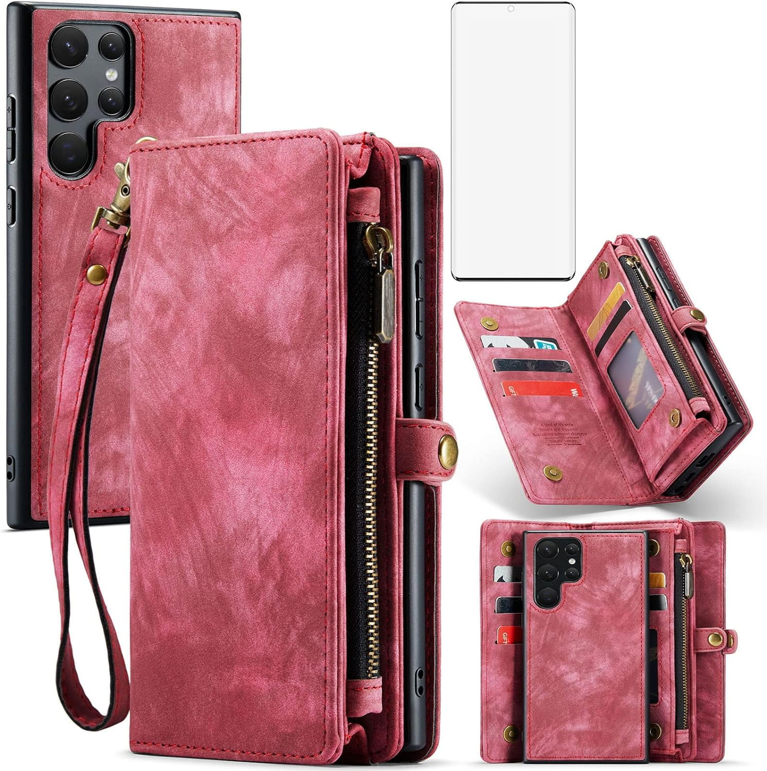 Phone Case for Samsung Galaxy S22 Ultra 5G Zipper Wallet Cover with Tempered Glass Screen Protector and Flip Cash Card Holder Cell Accessories Gaxaly S22ultra 22S S 22 22ultra G5 Women Men Red