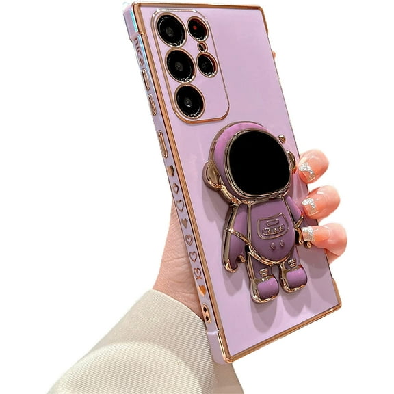 Phone Case for Samsung Galaxy S22 Ultra 6.8" Luxury Plating Astronaut Stand Holder Phone Case with Cute Love Heart Side Small Pattern Soft Silicone Shockproof Kickstand Cover Bumper (Purple)