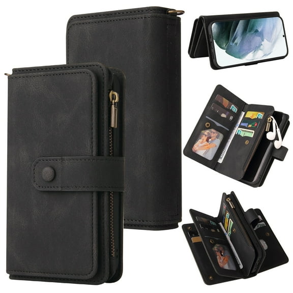 Phone Case for Samsung Galaxy S22 Ultra, S22 Ultra Wallet Case, Luxury Folio Flip Leather Cover [Zipper Pocket] [Wrist Strap] [Kickstand] for Samsung Galaxy S22 Ultra, Black
