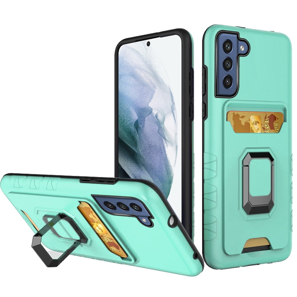 Phone Case for Samsung Galaxy S22 Wallet Case Designed with Credit Card Holder & Ring Stand Kickstand Heavy Duty Hybrid Armor Cover for Galaxy S22 - Teal Mint