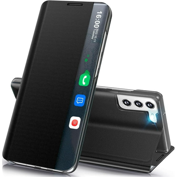 Phone Case for Samsung Galaxy S23 5G Case, Smart Clear View Window Luxury Slim Mirror for Galaxy S23 Case with Kickstand, Leather Hard PC Flip Shockproof Protective Cover Samsung S23 Case, Black