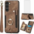 thumbnail image 1 of Phone Case for Samsung Galaxy S23 5G Wallet Cover with Screen Protector and Wrist Strap Lanyard RFID Credit Card Holder Ring Stand Cell Accessories S 23 23S GS23 G5 SM-S911U 6.1 inch Women Men Brown, 1 of 13