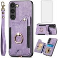 thumbnail image 1 of Phone Case for Samsung Galaxy S23 5G Wallet Cover with Screen Protector and Wrist Strap Lanyard RFID Credit Card Holder Ring Stand Cell Accessories S 23 23S GS23 G5 SM-S911U 6.1 inch Women Men Purple, 1 of 13