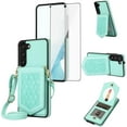 thumbnail image 1 of Phone Case for Samsung Galaxy S23 5G Wallet Cover with Tempered Glass Screen Protector Mirror Credit Card Holder Slot Shoulder Crossbody Strap Cell S 23 23S GS23 G5 SM-S911U 6.1 inch Women Girls Green, 1 of 13