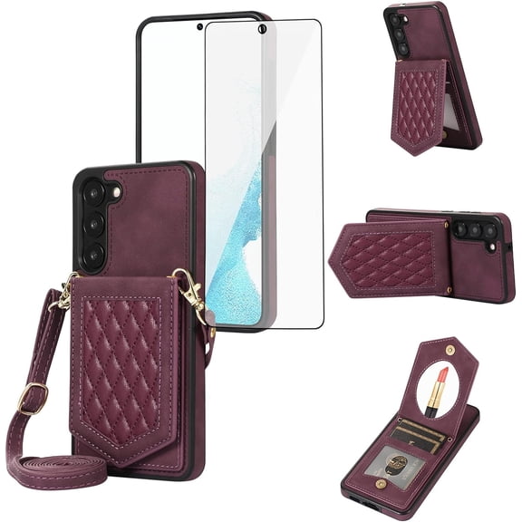 Phone Case for Samsung Galaxy S23 5G Wallet Cover with Tempered Glass Screen Protector Mirror Credit Card Holder Slot Shoulder Crossbody Strap Cell S 23 23S GS23 G5 SM-S911U 6.1 inch Women Girls Red