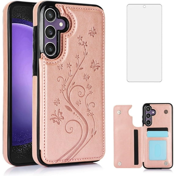 Phone Case for Samsung Galaxy S23 FE 5G with Tempered Glass Screen Protector and Card Holder Wallet Cover Stand Flip Leather Cell Accessories S 23 FE S23FE5G S23FE 23S G5 Women Rose Gold