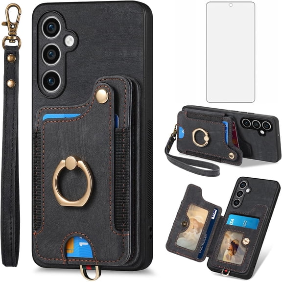 Phone Case for Samsung Galaxy S23 FE 5G Wallet Cover with Tempered Glass Screen Protector and Wrist Strap Lanyard RFID Credit Card Holder Ring Stand Cell Accessories S 23 EF S23FE 23S Women Men Black