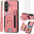 thumbnail image 1 of Phone Case for Samsung Galaxy S23 FE 5G Wallet Cover with Tempered Glass Screen Protector and Wrist Strap Lanyard RFID Credit Card Holder Ring Stand Cell Accessories S 23 EF S23FE 23S Women Men Pink, 1 of 12