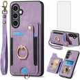 thumbnail image 1 of Phone Case for Samsung Galaxy S23 FE 5G Wallet Cover with Tempered Glass Screen Protector and Wrist Strap Lanyard RFID Credit Card Holder Ring Stand Cell Accessories S 23 EF S23FE 23S Women Men Purple, 1 of 6