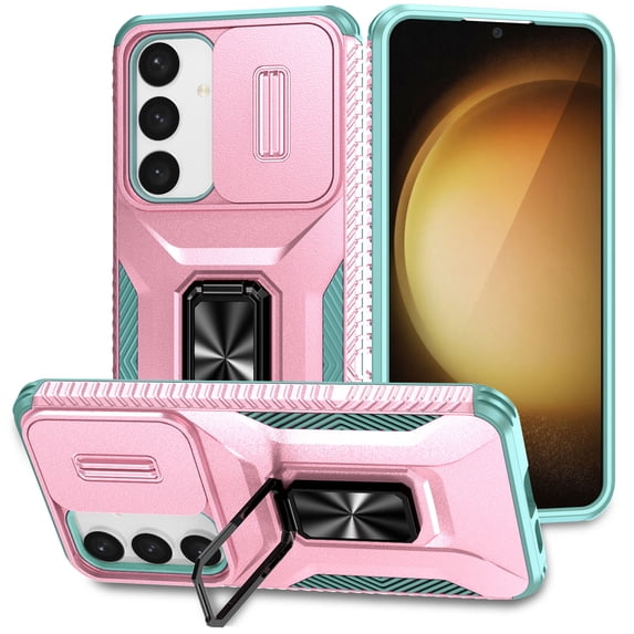 Phone Case for Samsung Galaxy S23 FE Case with Sliding Camera Cover, with 360° + 100° Free Rotation Metal Finger Ring Bracket, Fit Magnet Car Mount, 2 In 1 Case Cover for Galaxy S23 FE, Rosegold