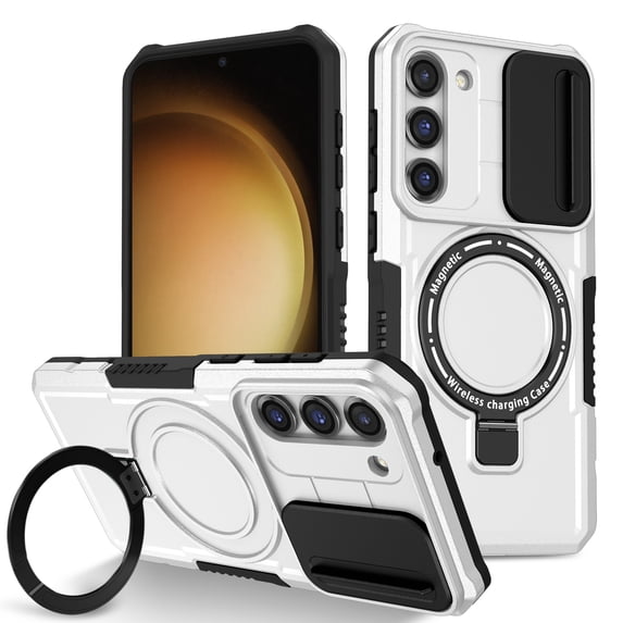 Phone Case for Samsung Galaxy S23 FE with Sliding Camera Cover, Hand Grip Anti Slip Design Kickstand Ring Holder Hybrid Magnetic Wireless Charging Phone Cover for S23 FE - White