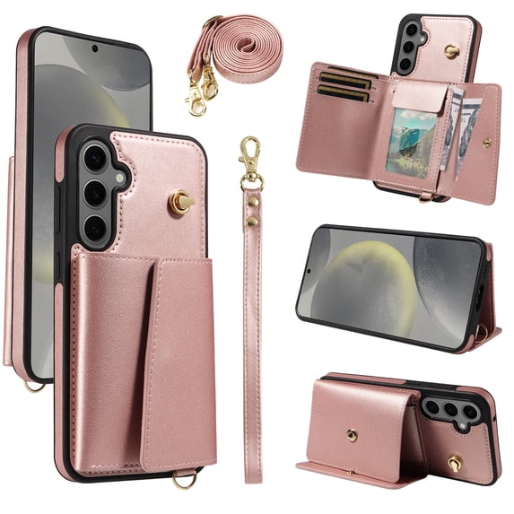 Phone Case for Samsung Galaxy S23 FE Wallet Cover, Classic Credit Card Holder & Crossbody Strap & Hand Strap Kickstand PU Leather for Galaxy S23 FE Protective Rugged Case Women Men, Rosegold