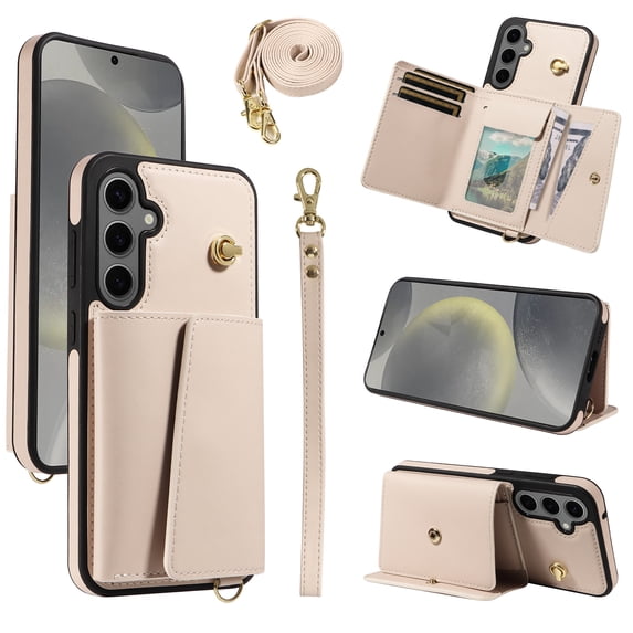 Phone Case for Samsung Galaxy S23 FE Wallet Cover, Classic Credit Card Holder & Crossbody Strap & Hand Strap Kickstand PU Leather for Galaxy S23 FE Protective Rugged Case Women Men, Beige