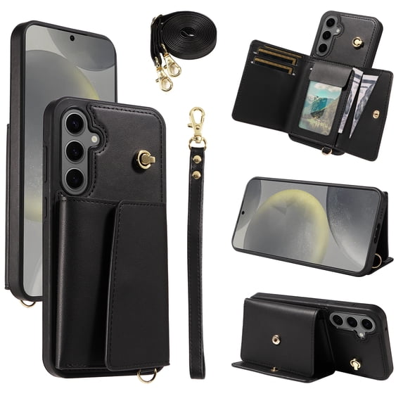 Phone Case for Samsung Galaxy S23 FE Wallet Cover, Classic Credit Card Holder & Crossbody Strap & Hand Strap Kickstand PU Leather for Galaxy S23 FE Protective Rugged Case Women Men, Black