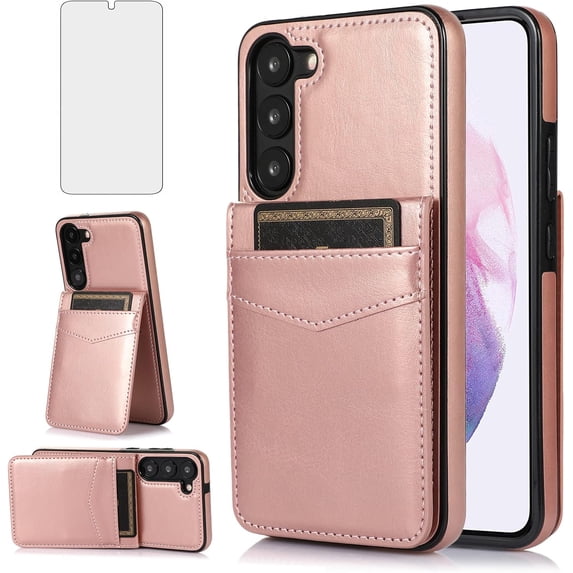 Phone Case for Samsung Galaxy S23 Plus /S23+ 5G 6.6" with Tempered Glass Screen Protector and Credit Card Holder Wallet Cover Stand Leather Cell Accessories Glaxay S23Plus Women Rose Gold
