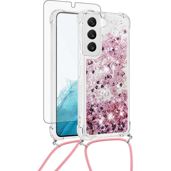 Phone Case for Samsung Galaxy S23 Plus S23+ 5G with Screen Protector Crossbody Strap Bling Liquid Glitter Clear Slim Protective Cell Cover S23plus 23S + S 23 23+ SM-S916U 6.6 inch Women Rose Gold