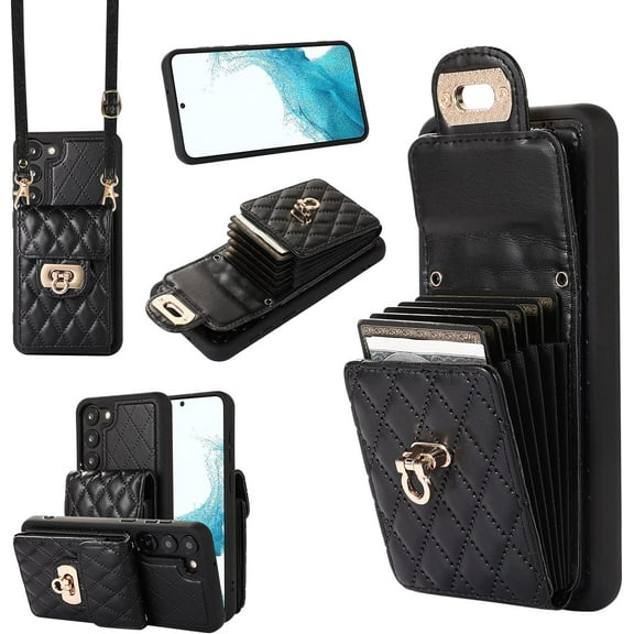 Phone Case for Samsung Galaxy S23 Plus S23+ 5G Wallet Cover with Card Holder Shoulder Crossbody Strap Long Lanyard Leather Cell Accessories S23plus 23S + S 23 23+ SM-S916U 6.6 inch Women Girls Black
