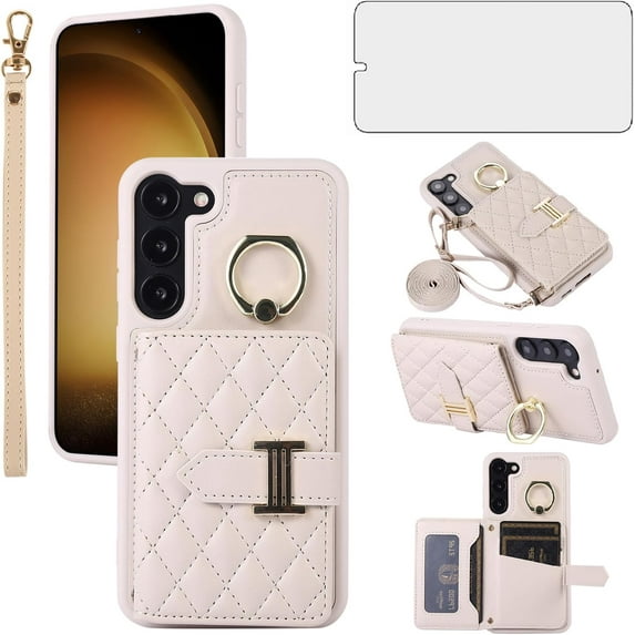 Phone Case for Samsung Galaxy S23 Plus S23+ 5G Wallet Cover with Screen Protector and Ring Stand Card Holder Slot Crossbody Strap Cell S23plus 23S + S 23 23+ SM-S916U 6.6 inch Women Girls Men Beige