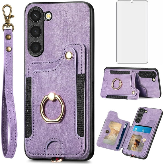 Phone Case for Samsung Galaxy S23 Plus S23+ 5G Wallet Cover with Screen Protector and Wrist Strap Lanyard RFID Credit Card Holder Ring Stand S23plus 23S + S 23 23+ SM-S916U 6.6 inch Women Men Purple