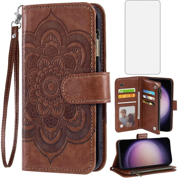 Phone Case for Samsung Galaxy S23 Plus S23+ 5G Wallet Cover with Tempered Glass Screen Protector and Flip Credit Card Holder Stand Cell S23plus 23S + S 23 23+ SM-S916U 6.6 inch Women Men Brown