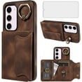 thumbnail image 1 of Phone Case for Samsung Galaxy S23 Plus S23+ 5G Wallet Cover with Tempered Glass Screen Protector Ring Stand Credit Card Holder Cell S23plus 23S + S 23 23+ SM-S916U 6.6 inch Women Girls Brown, 1 of 13