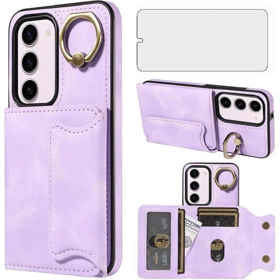 Phone Case for Samsung Galaxy S23 Plus S23+ 5G Wallet Cover with Tempered Glass Screen Protector Ring Stand Credit Card Holder Cell S23plus 23S + S 23 23+ SM-S916U 6.6 inch Women Girls Purple