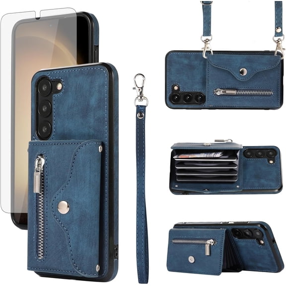 Phone Case for Samsung Galaxy S23 Plus S23+ 5G Wallet Cover with Wrist Crossbody Strap Lanyard Credit Card Holder Stand Cell Accessories S23plus 23S + S 23 23+ SM-S916U 6.6 inch Women Men Blue