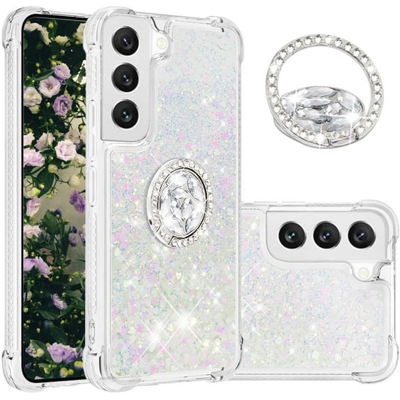 Phone Case for Samsung Galaxy S23,Shockproof Clear Quicksand Glitter Flowing Liquid with Bling Diamond Ring Stand,Cute Women Girls Case for Galaxy S23 6.1'' LS-Colorful