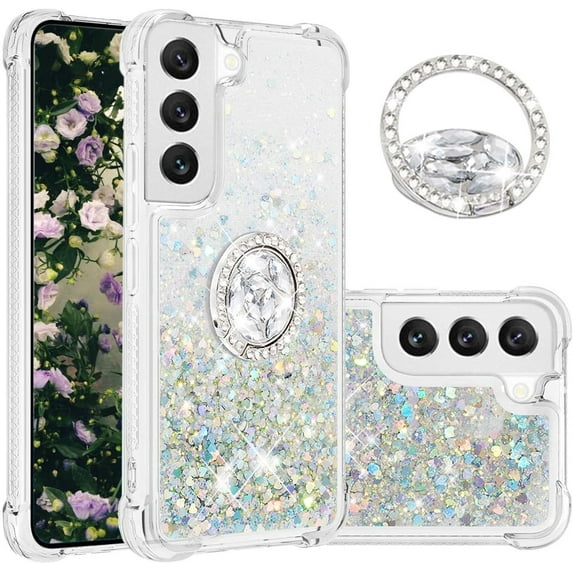 Phone Case for Samsung Galaxy S23,Shockproof Clear Quicksand Glitter Flowing Liquid with Bling Diamond Ring Stand,Cute Women Girls Case for Galaxy S23 6.1'' LS-Silver