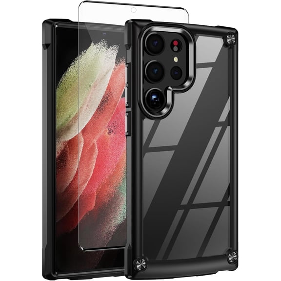 Phone Case for Samsung Galaxy S23 Ultra 5G Clear Transparent TPU Cell Cover with Screen Protector Slim Shockproof Military Grade Protective S23Ultra 23S S 23 23Ultra 6.8 inch Women Men Black