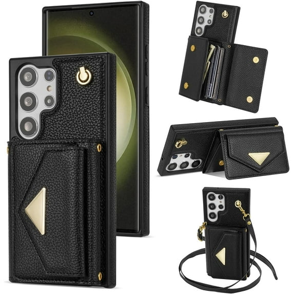 Phone Case for Samsung Galaxy S23 Ultra 5G Wallet Cell Cover with Credit Card Holder Stand Shoulder Crossbody Strap Long Lanyard Leather S23Ultra 23S S 23 23Ultra 6.8 inch Women Girls Black