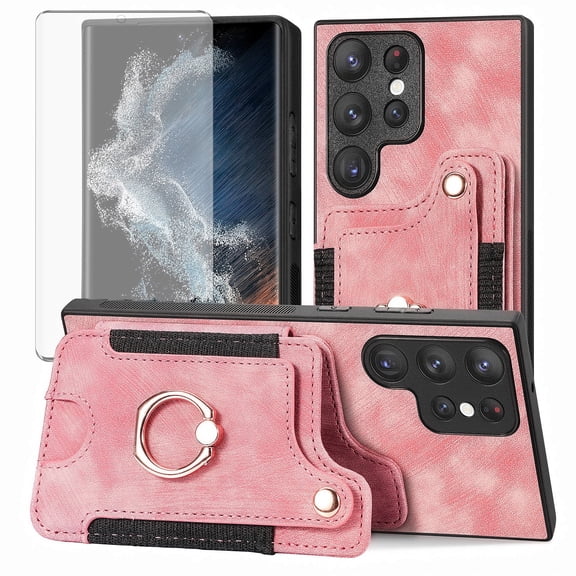 Phone Case for Samsung Galaxy S23 Ultra 5G Wallet Cell Cover with Tempered Glass Screen Protector Slim Lanyard Wrist Strap RFID Ring Stand Credit Card Holder Slot S23Ultra 23S S 23 23Ultra 6.8 Pink