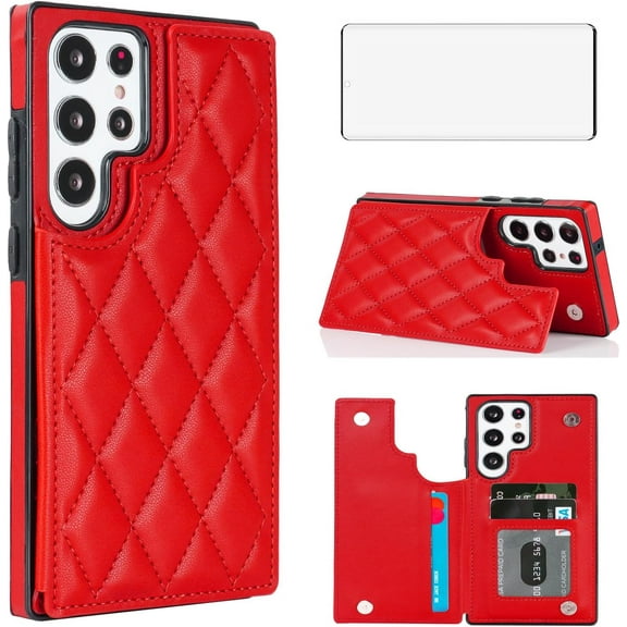 Phone Case for Samsung Galaxy S23 Ultra 5G Wallet Cover with Screen Protector and Leather RFID Credit Card Holder Stand Cell Accessories S23Ultra 23S S 23 23Ultra 6.8 inch Women Men Red