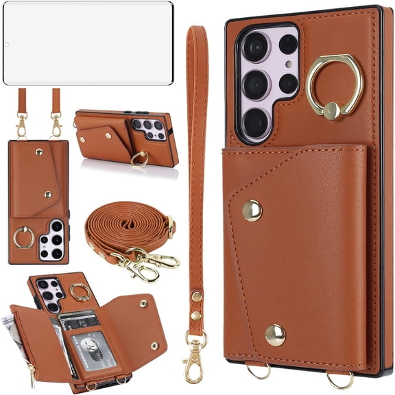 Phone Case for Samsung Galaxy S23 Ultra 5G Wallet Cover with Screen Protector and Ring Stand Credit Card Holder Slot Crossbody Strap Cell S23Ultra 23S S 23 23Ultra 6.8 inch Women Girls Brown