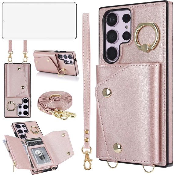 Phone Case for Samsung Galaxy S23 Ultra 5G Wallet Cover with Screen Protector Ring Stand Credit Card Holder Slot Crossbody Strap Cell S23Ultra 23S S 23 23Ultra 6.8 inch Women Girls Rose Gold