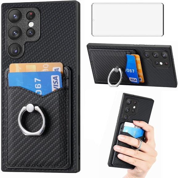 Phone Case for Samsung Galaxy S23 Ultra 5G Wallet Cover with Screen Protector Slim Ring Stand Credit Card Holder Magnetic Leather Cell Accessories S23Ultra 23S S 23 23Ultra 6.8 inch Women Men Black
