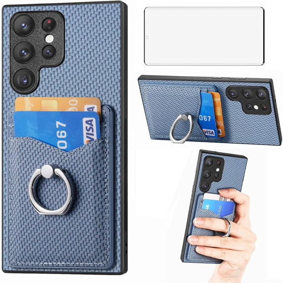 Phone Case for Samsung Galaxy S23 Ultra 5G Wallet Cover with Screen Protector Slim Ring Stand Credit Card Holder Magnetic Leather Cell Accessories S23Ultra 23S S 23 23Ultra 6.8 inch Women Men Blue