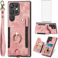 thumbnail image 1 of Phone Case for Samsung Galaxy S23 Ultra 5G Wallet Cover with Screen Protector and Wrist Strap Lanyard RFID Credit Card Holder Ring Stand Cell Accessories S23Ultra 23S S 23 23Ultra 6.8 inch Women Pink, 1 of 13