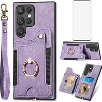Phone Case for Samsung Galaxy S23 Ultra 5G Wallet Cover with Screen Protector and Wrist Strap Lanyard RFID Credit Card Holder Ring Stand Cell Accessories S23Ultra 23S S 23 23Ultra 6.8 inch Men Purple