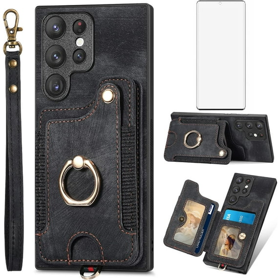 Phone Case for Samsung Galaxy S23 Ultra 5G Wallet Cover with Screen Protector and Wrist Strap Lanyard RFID Credit Card Holder Ring Stand Cell Accessories S23Ultra 23S S 23 23Ultra 6.8 inch Women Black