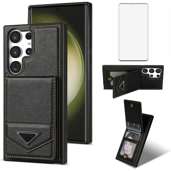 Phone Case for Samsung Galaxy S23 Ultra 5G Wallet Cover with Tempered Glass Screen Protector RFID Slim Credit Card Holder Slot Stand Cell S23Ultra 23S S 23 23Ultra 6.8 inch Women Men Black