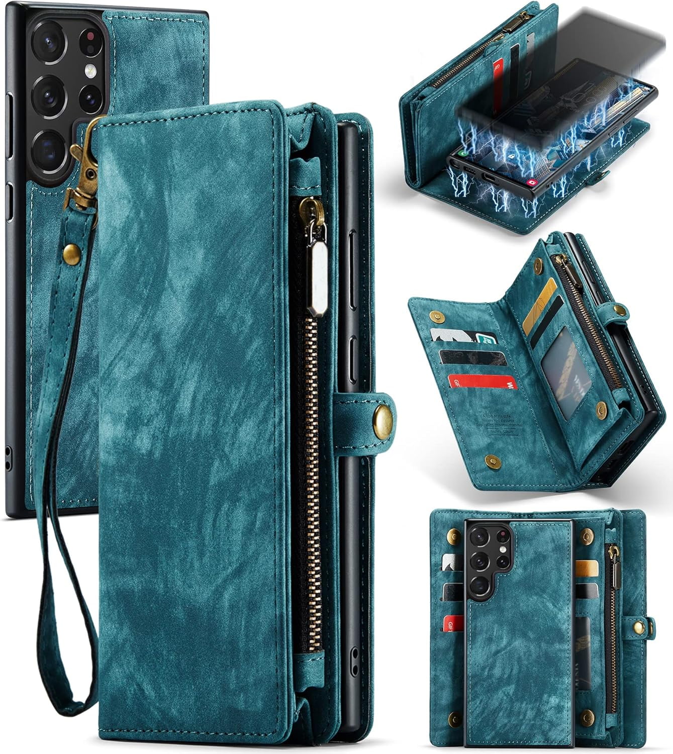 Phone Case for Samsung Galaxy S23 Ultra 5G Zipper Wallet Detachable Cover with Leather Flip Credit Cash Card Holder Mobile Cell Accessories S23Ultra 23S S 23 23Ultra 6.8 inch Women Men Blue