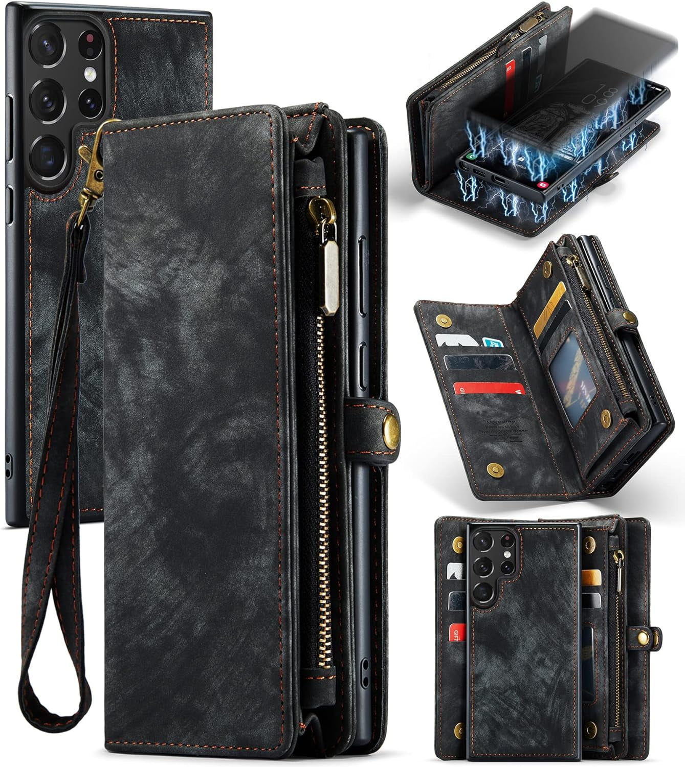 Phone Case for Samsung Galaxy S23 Ultra 5G Zipper Wallet Detachable Cover with Leather Flip Credit Cash Card Holder Mobile Cell Accessories S23Ultra 23S S 23 23Ultra 6.8 inch Women Men Black