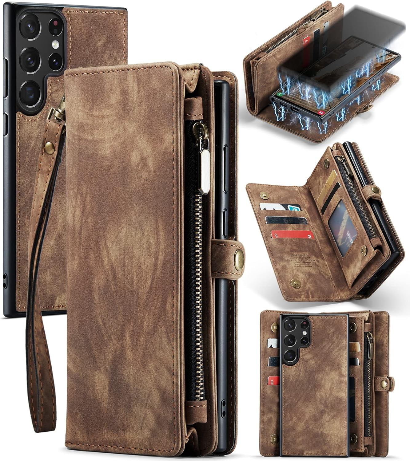 Phone Case for Samsung Galaxy S23 Ultra 5G Zipper Wallet Detachable Cover with Leather Flip Credit Cash Card Holder Mobile Cell Accessories S23Ultra 23S S 23 23Ultra 6.8 inch Women Men Brown