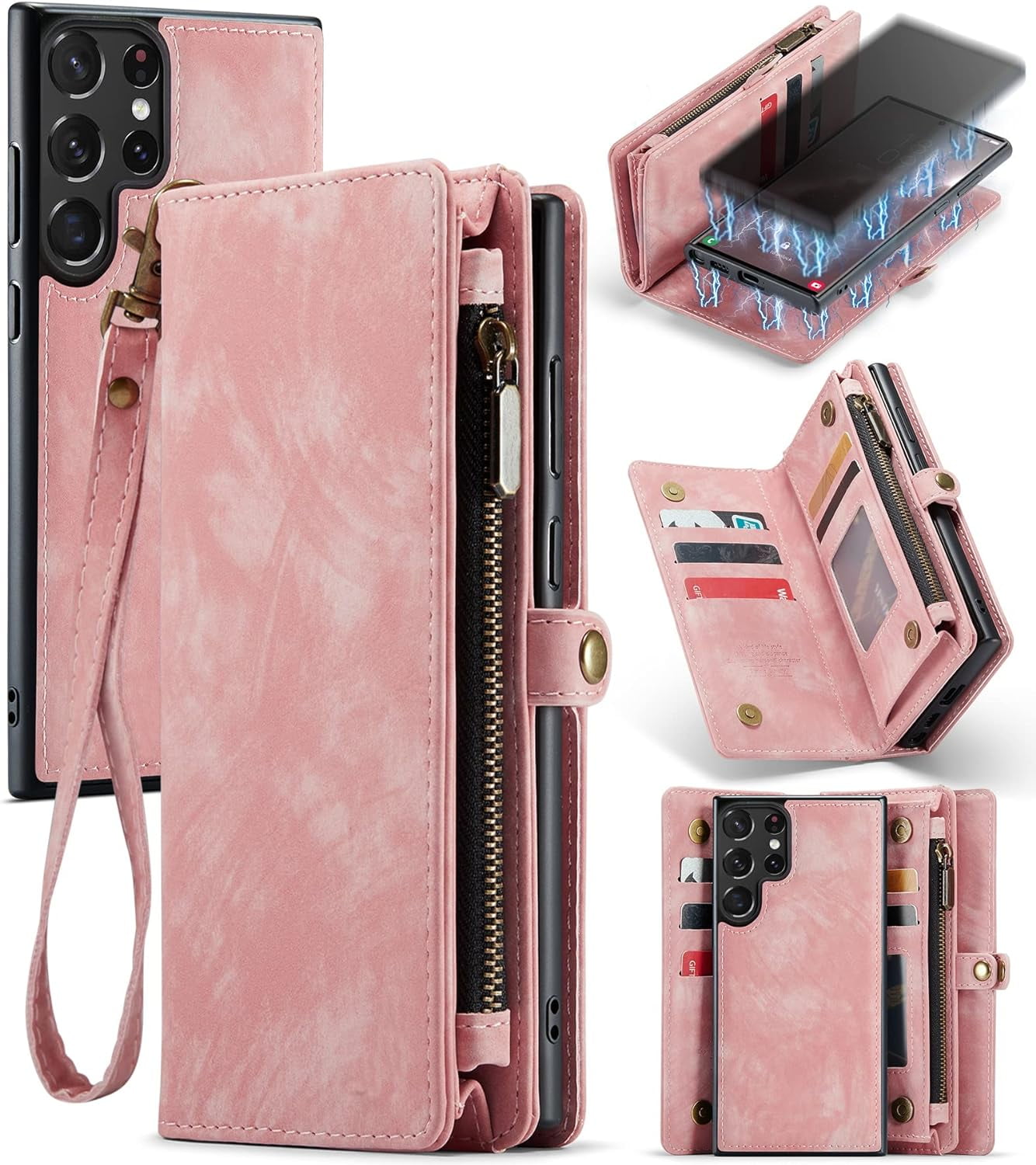 Phone Case for Samsung Galaxy S23 Ultra 5G Zipper Wallet Detachable Cover with Leather Flip Credit Cash Card Holder Mobile Cell Accessories S23Ultra 23S S 23 23Ultra 6.8 inch Women Men Pink