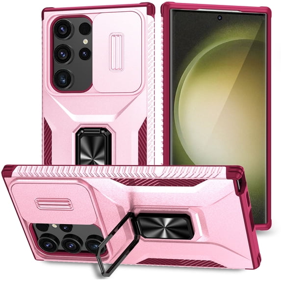Phone Case for Samsung Galaxy S23 Ultra Case with Sliding Camera Cover, with 360° + 100° Free Rotation Metal Finger Ring Bracket, Fit Magnet Car Mount, 2 In 1 Case Cover for Galaxy S23 Ultra, Pink